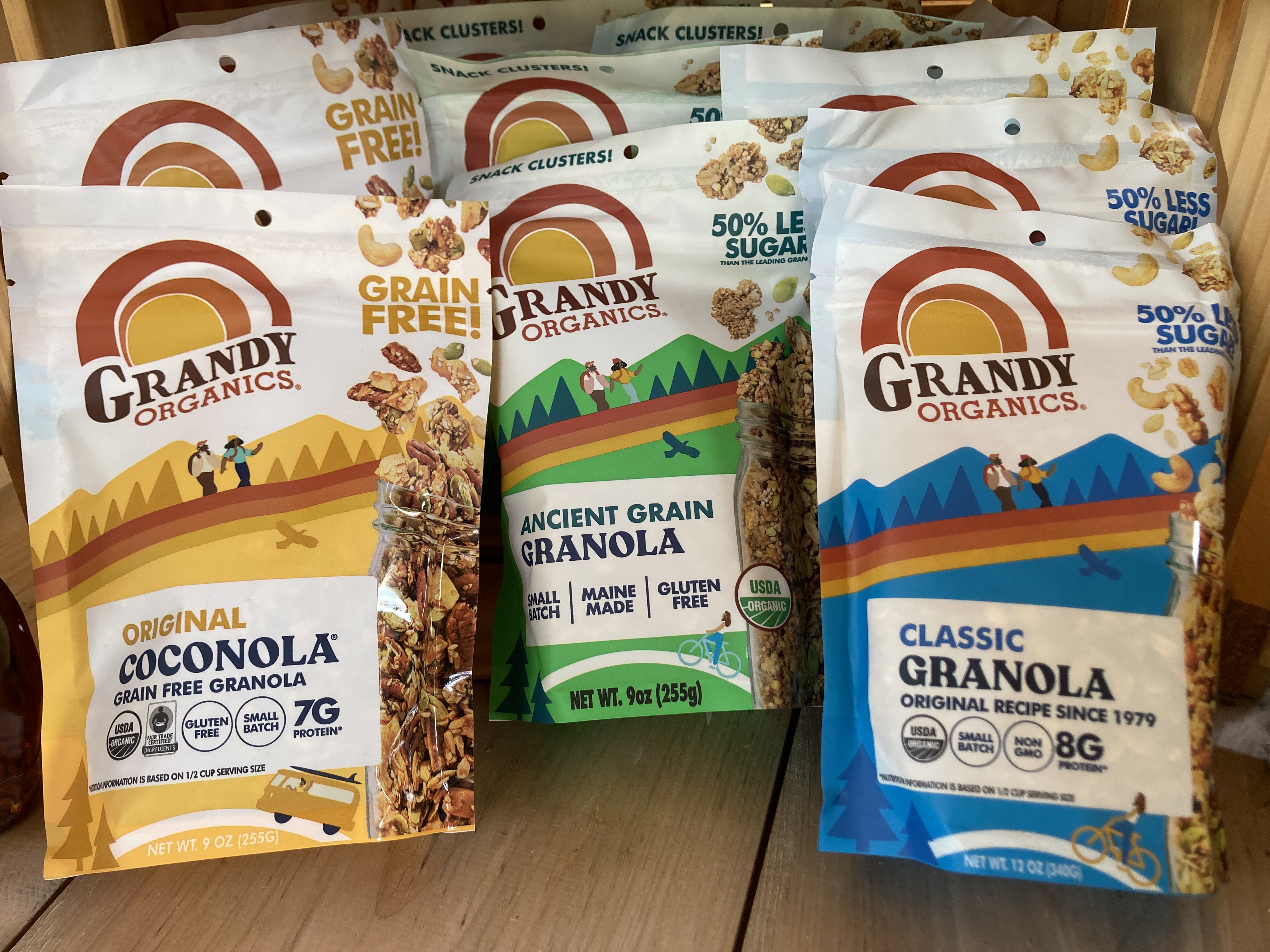 We have local, Maine-made Grandy Organics original granola and ancient grain granola, as well as their original coconola.