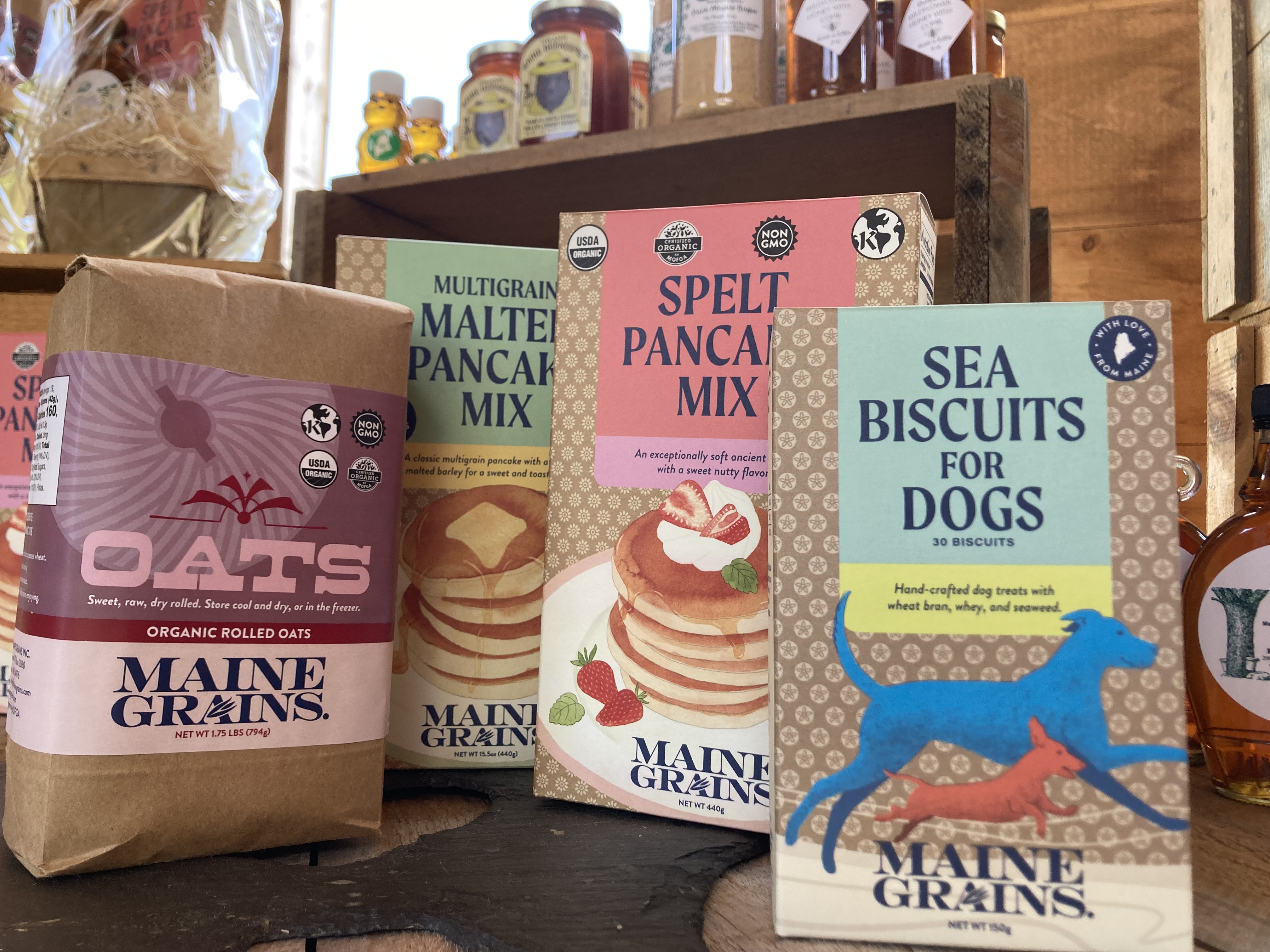 Sea biscuit dog treats, oats, spelt and multigrain malted pancake mix for local grainery, Maine Grains.