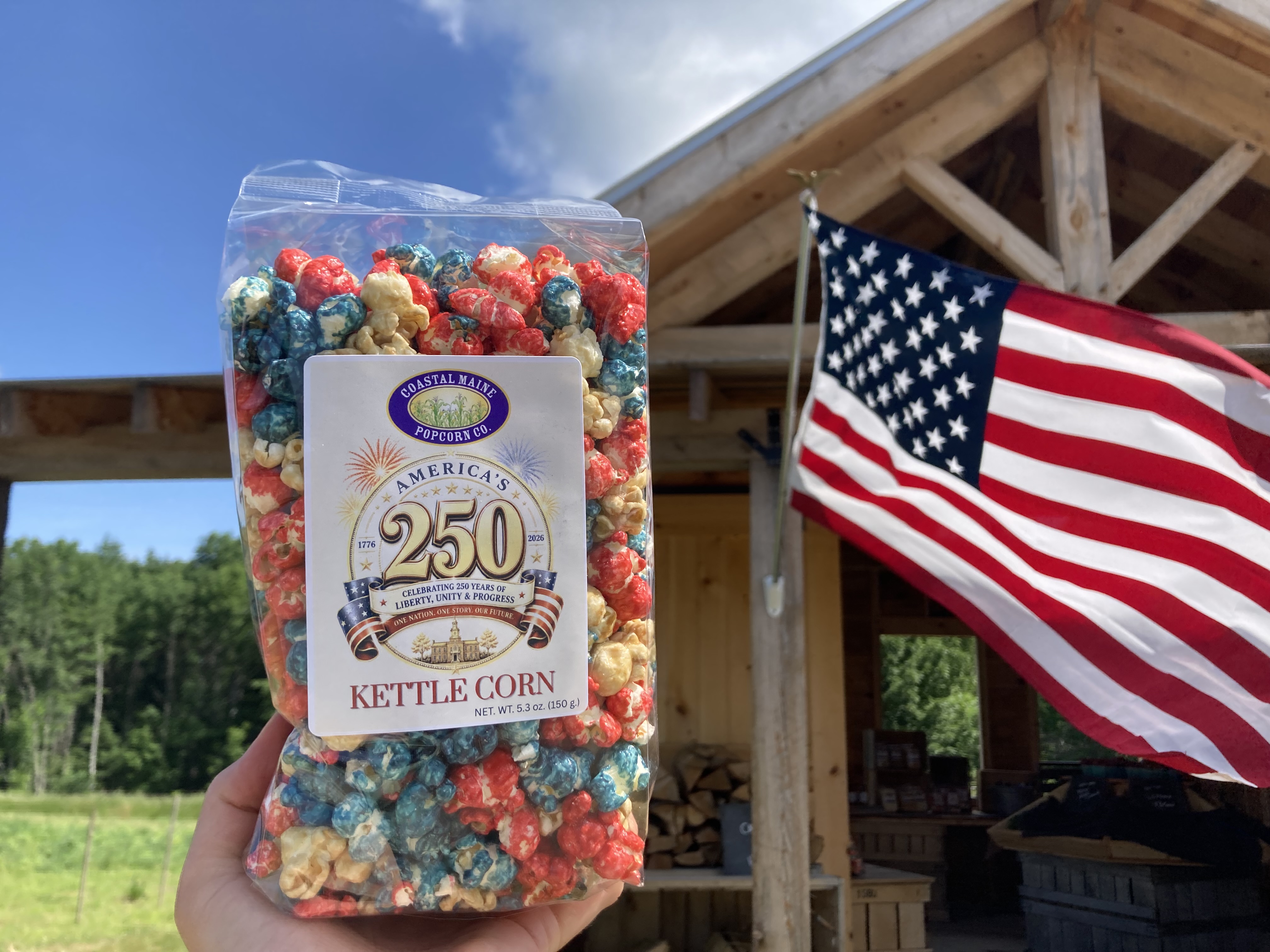 America's 250th birthday celebration kettle corn from local Coastal Maine Popcorn Company.